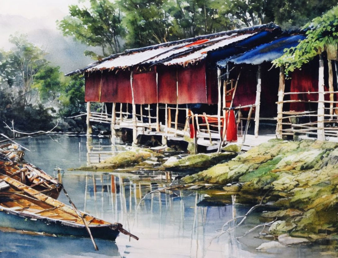 Serene riverside scene with stilt house, boat, and lush greenery