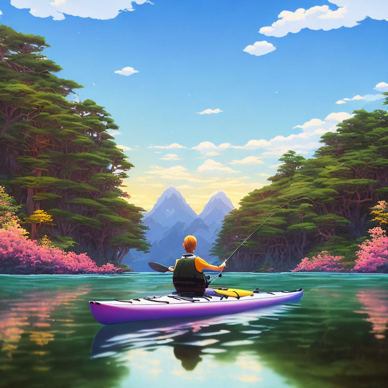 Kayaking and fishing in serene lake with vibrant trees and mountains.