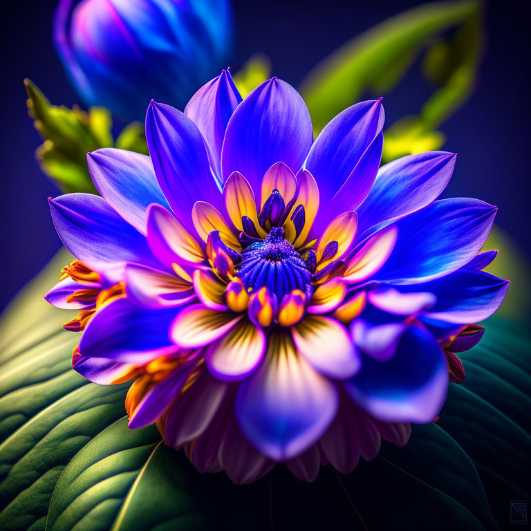 Purple and Yellow Flower on Dark Background with Blurred Leaf