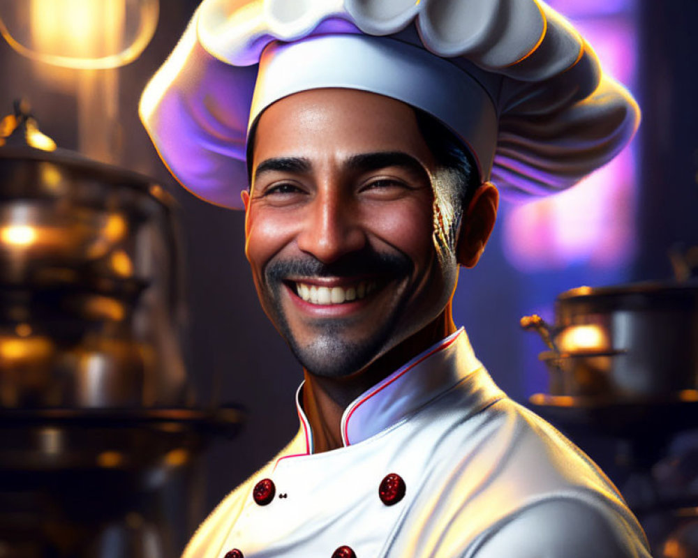 Smiling chef in white attire with toque in blurred kitchen background