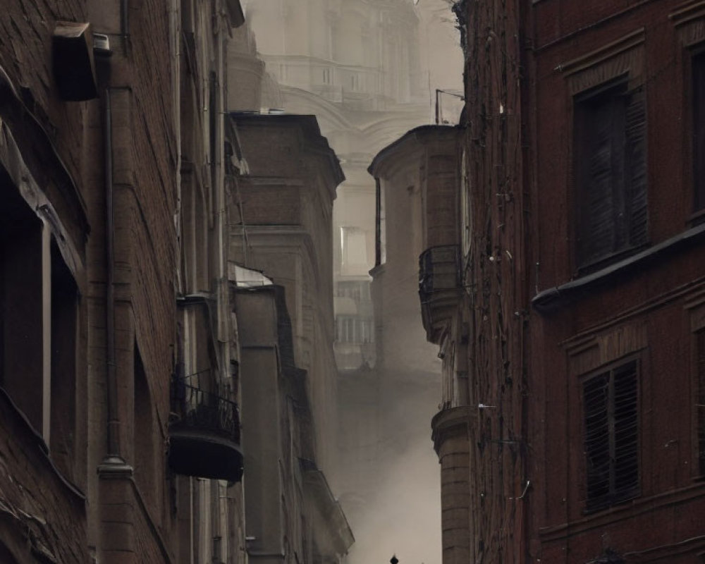 Old Buildings and Fog-Shrouded Domed Building on Narrow Street