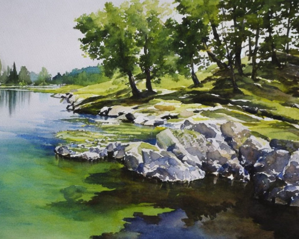 Tranquil lakeside watercolor painting with green trees and rocky banks.