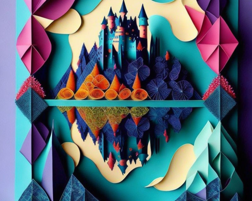 Colorful 3D fantasy castle paper art on multilayered teal background