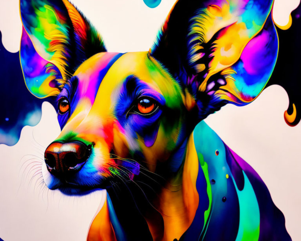 Colorful portrait of a dog with large ears and abstract patterns.