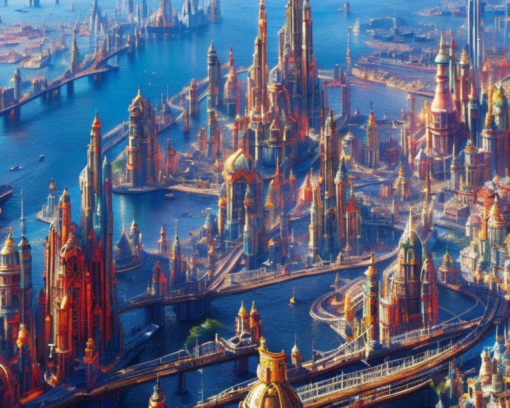 Futuristic cityscape with intricate architecture and waterways