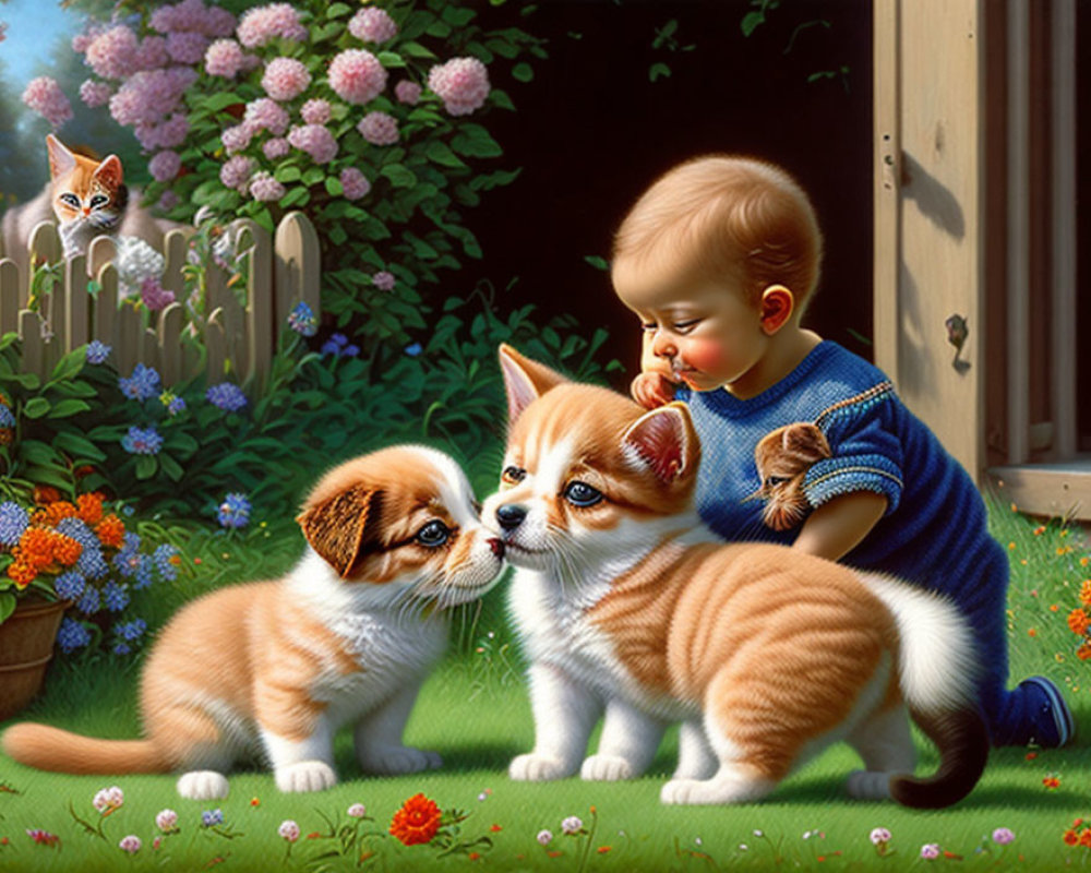 Smiling toddler with kittens in garden backdrop