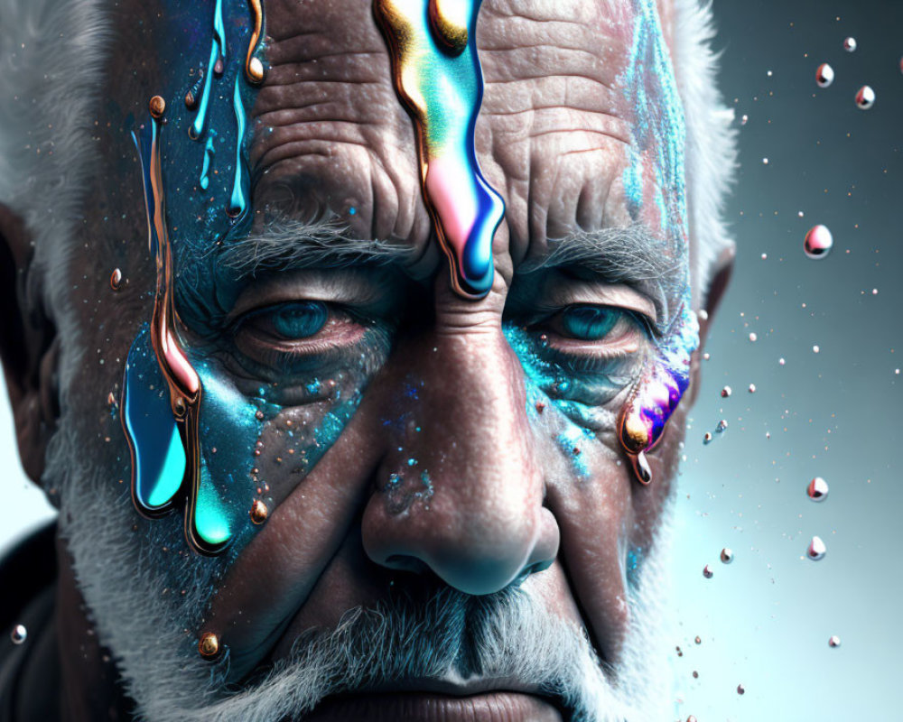 Elderly man's face with colorful liquid dribbling on skin