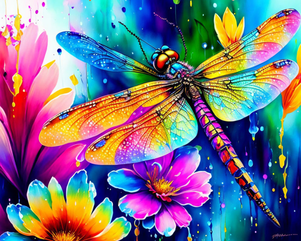 Colorful dragonfly digital artwork with translucent wings on flowers in blue backdrop.