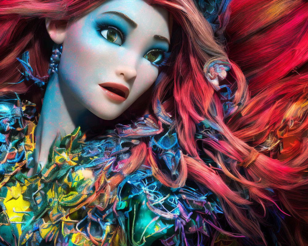 Colorful portrait of female character with blue skin, blue eyes, red hair, and butterfly wings