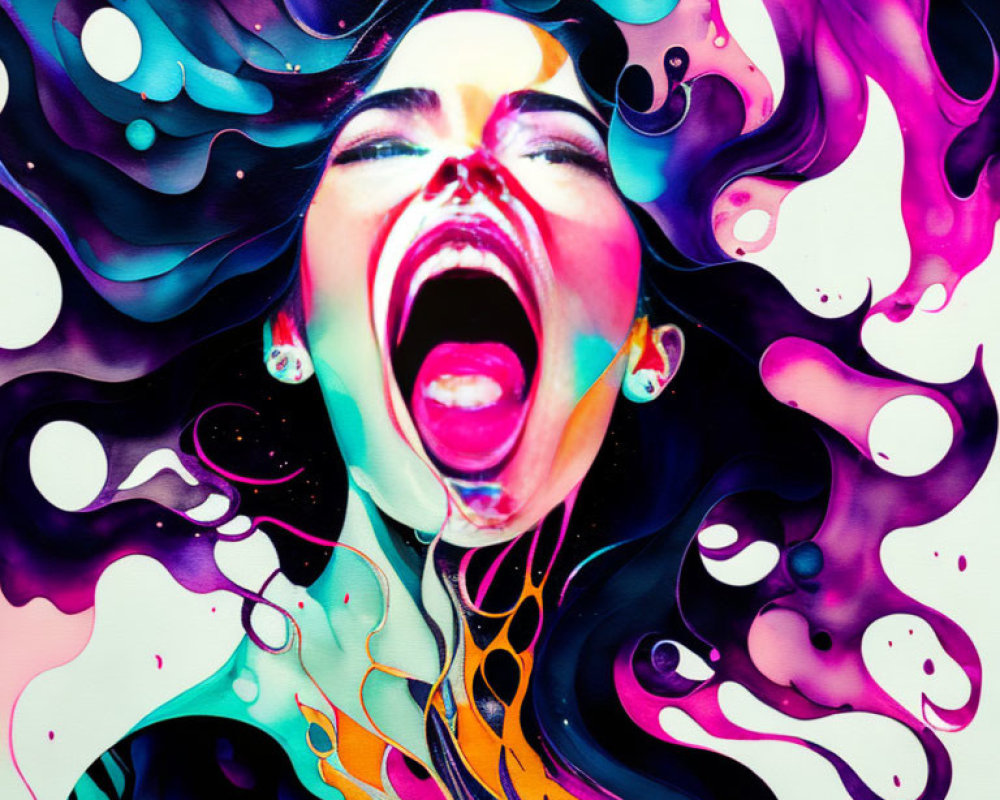 Abstract colorful painting of woman's face in mid-scream surrounded by vibrant swirls and splashes in