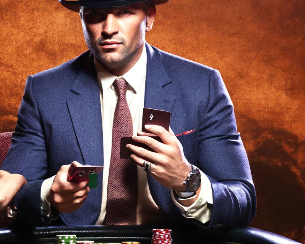 Man in Fedora Playing Poker with Colorful Chips on Textured Background