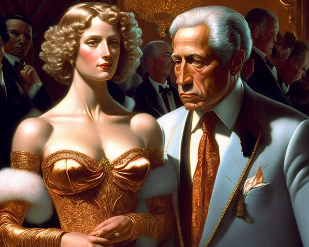 Elegant vintage-style painting of couple at formal event