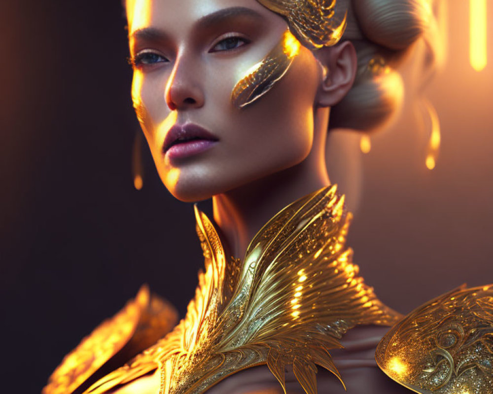 Golden makeup and ornate shoulder armor on a woman in warm light.