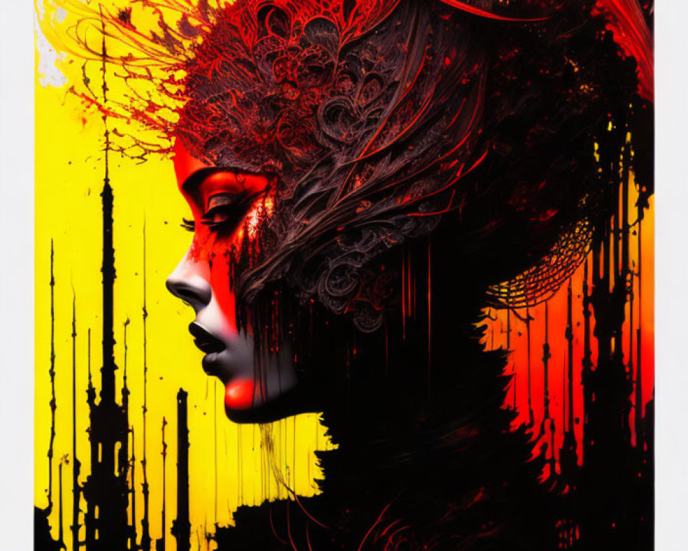 Abstract digital artwork: Woman's profile in fiery red and black on yellow background