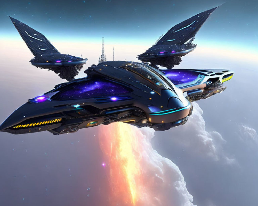 Futuristic black and blue spaceship hovering above Earth with orange engine glow