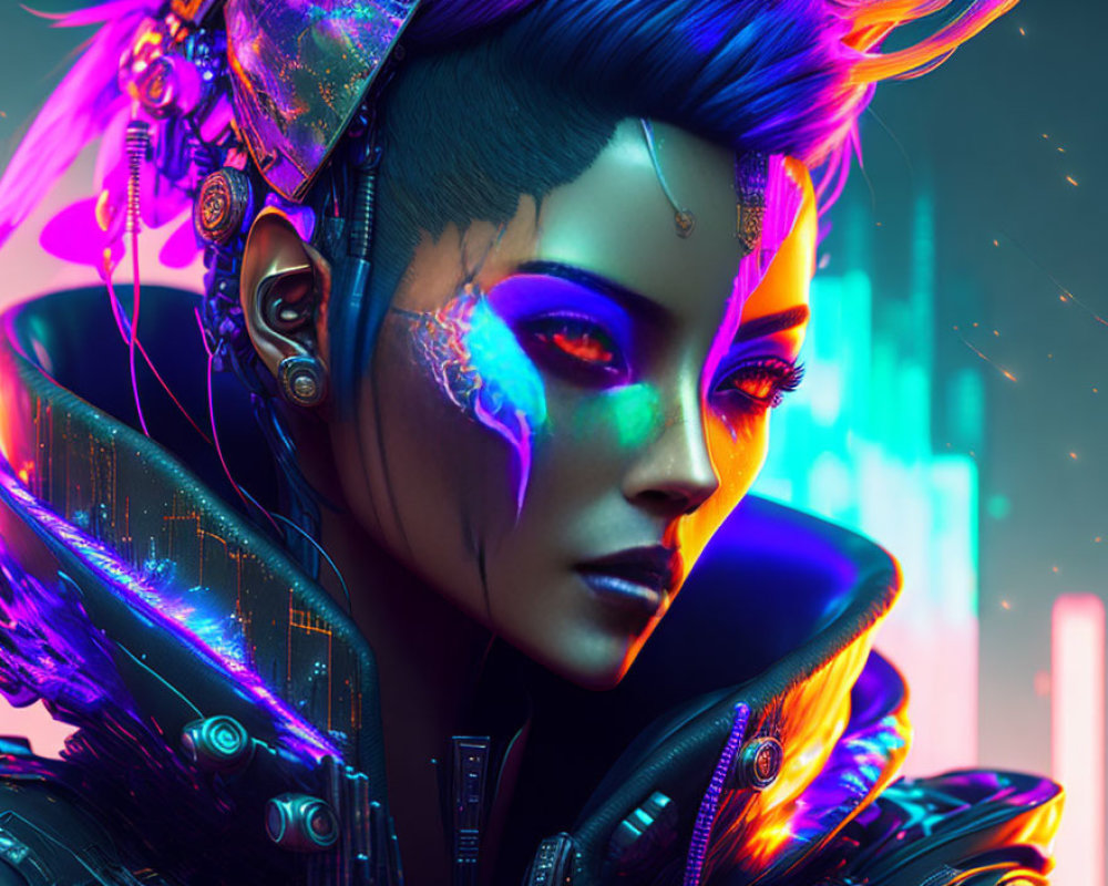 Cybernetic woman with neon blue hair in futuristic cityscape