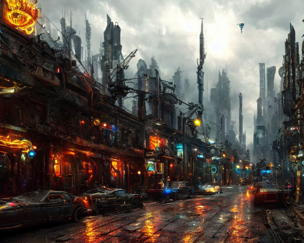 Futuristic city street with neon signs and flying vehicles in rainy ambiance.