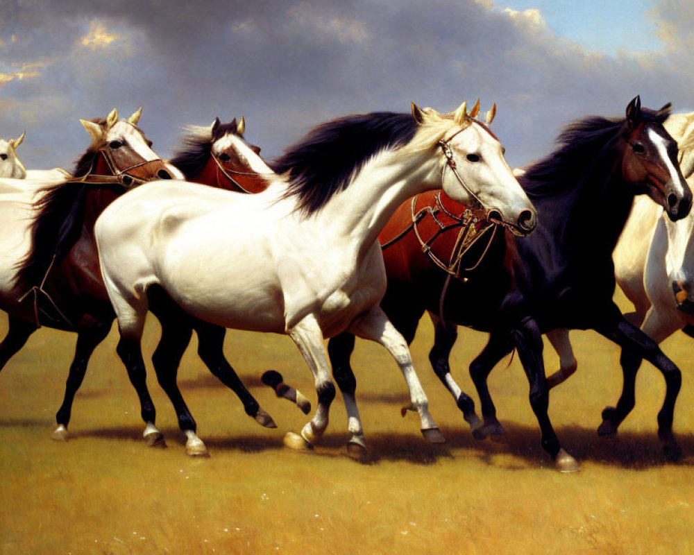 Vibrant painting of five galloping horses in a field