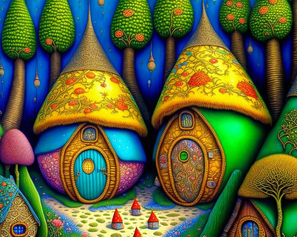 Colorful Mushroom Houses in Fantasy Landscape with Starry Sky