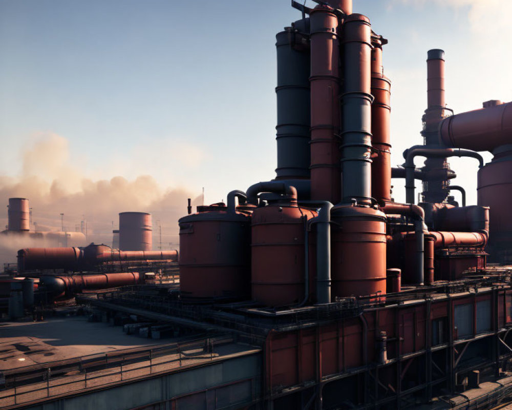 Industrial complex with cylindrical structures and distillation towers under clear sky.