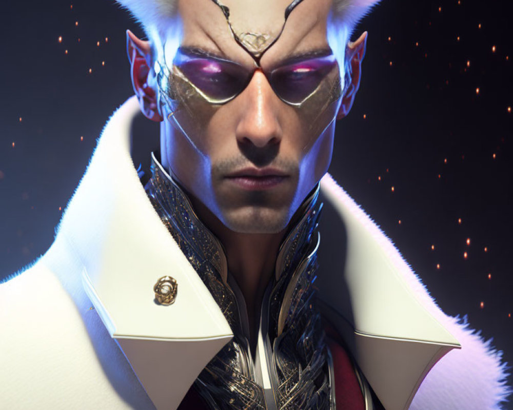 White-haired character in horned mask with purple eyes and ornate attire against starry backdrop