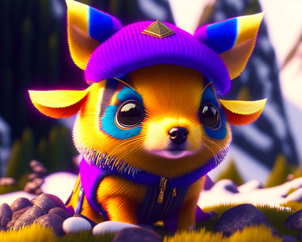 Colorful Fantasy Creature with Big Eyes and Yellow Fur in Purple Hat and Jacket