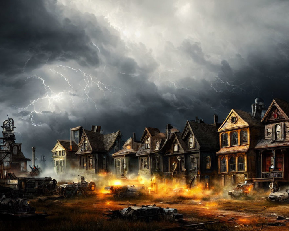 Row of dilapidated houses in stormy sky with lightning, fire, debris, and abandoned vehicles