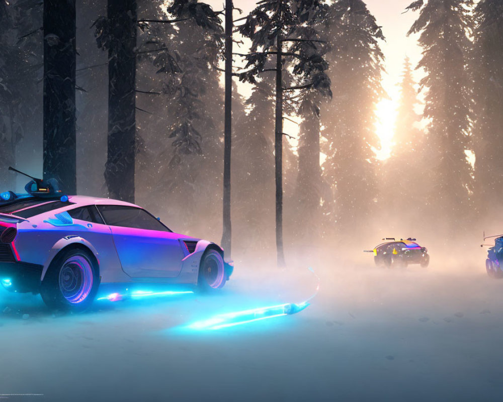 Futuristic police cars with neon underglow in snow-covered forest under intense sunlight.