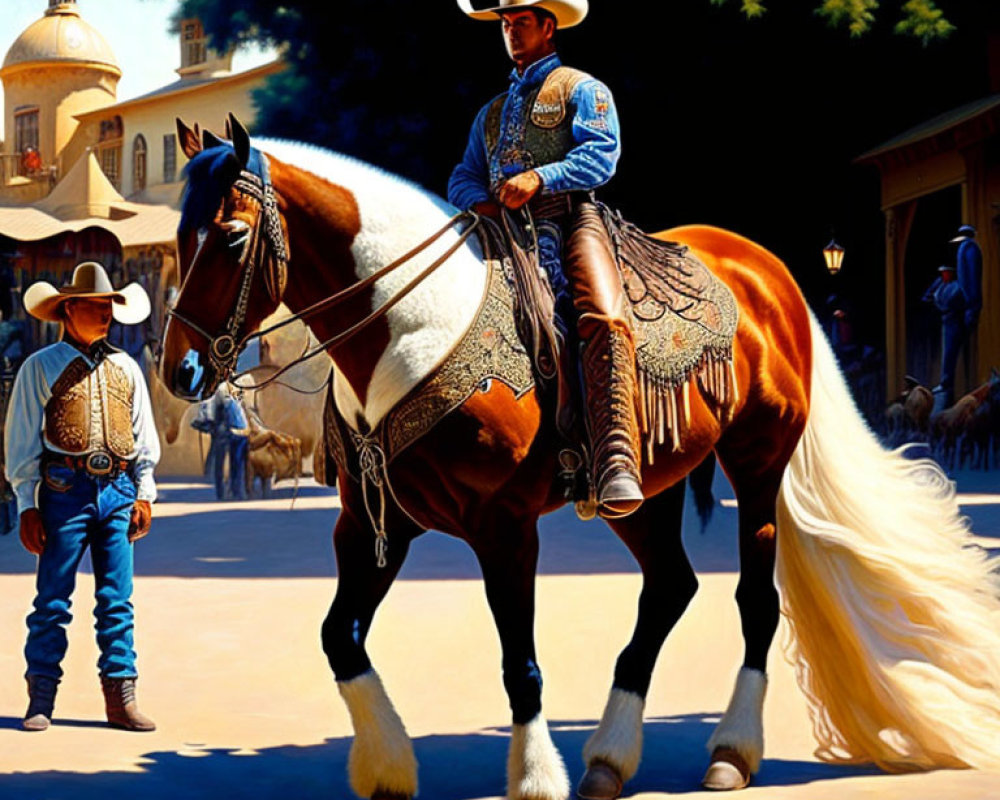 Cowboy in Blue Shirt Riding Brown and White Horse with Ornate Saddle