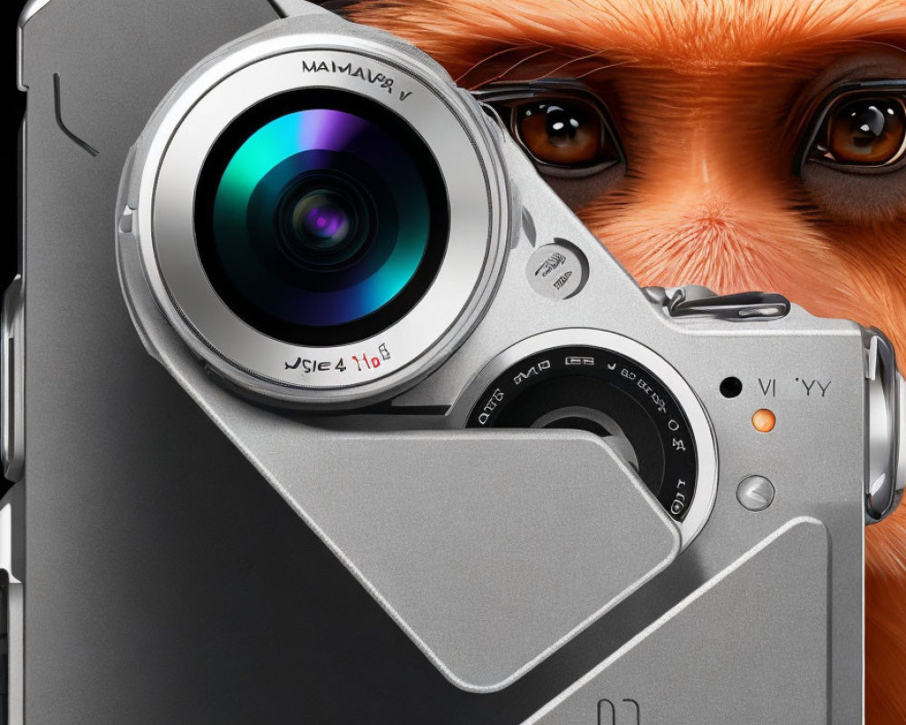 Silver digital camera with zoom lens capturing orange fur and eye of an animal