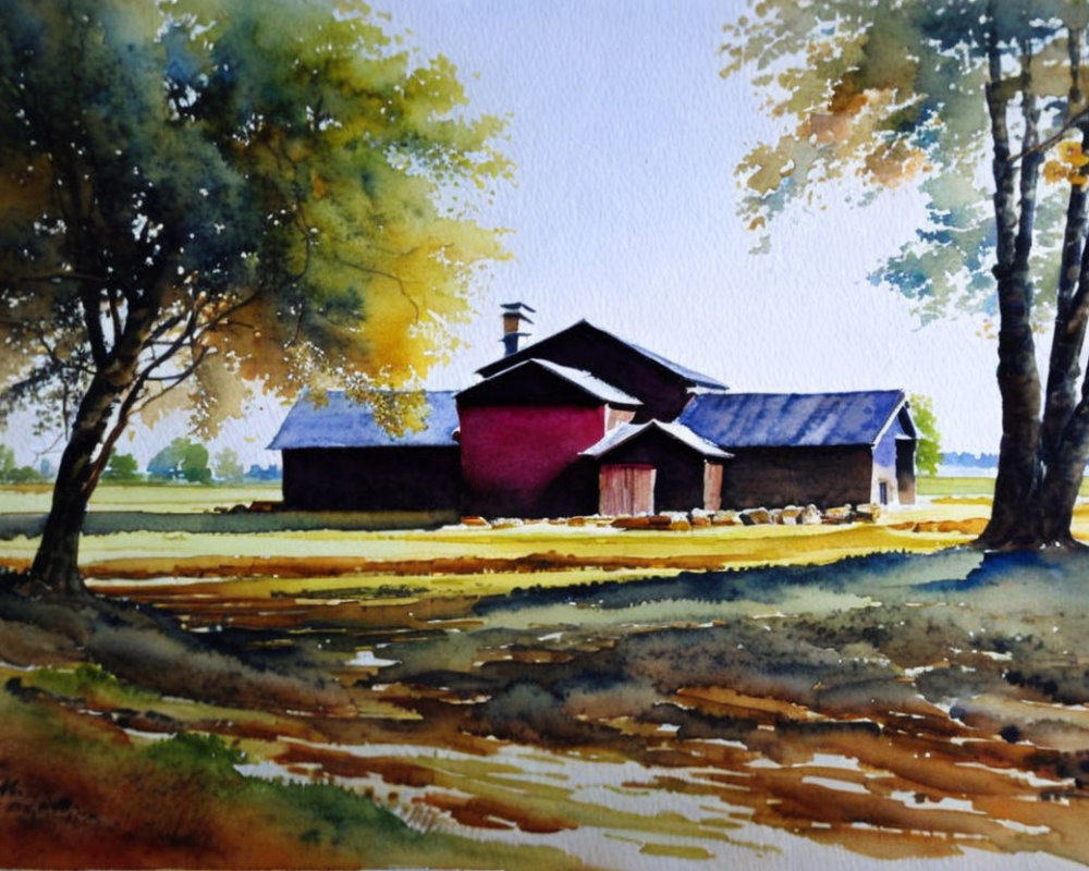 Autumn-themed watercolor painting of rural barn house, trees, stream, and grassy fields