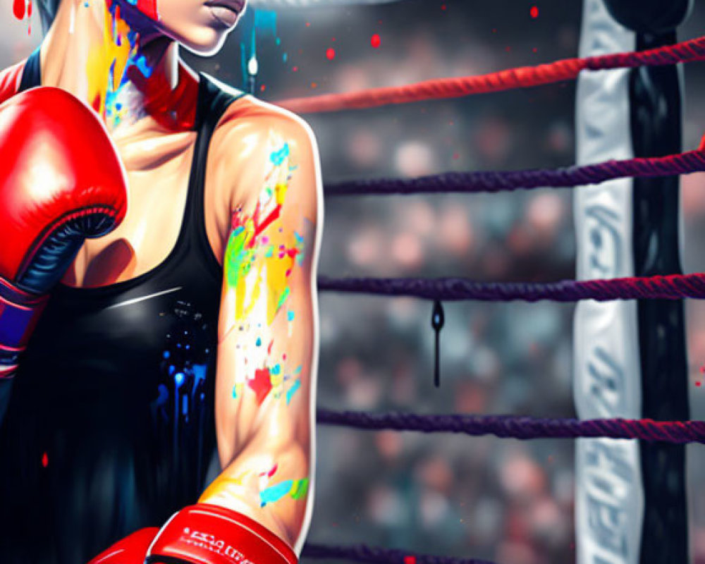 Stylized image of woman with boxing gloves in gym setting