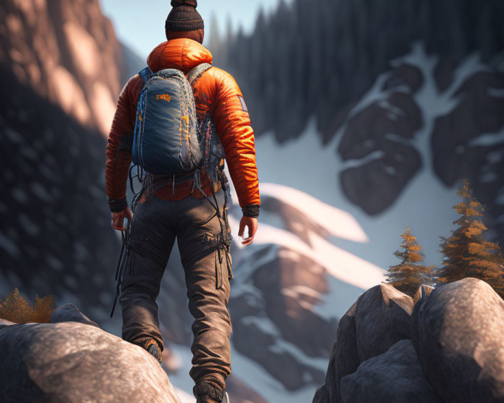 Hiker in Winter Gear on Rocky Terrain with Backpack, Forest, and Mountains