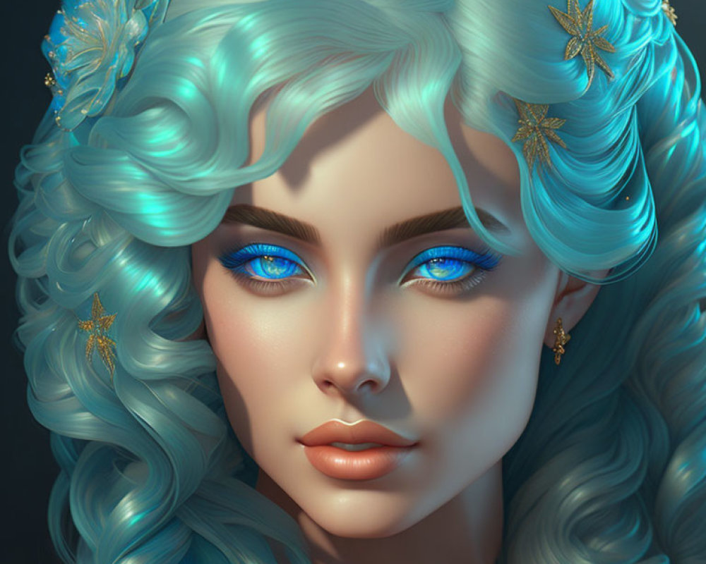 Digital Artwork: Woman with Vibrant Blue Eyes and Pastel Blue Hair