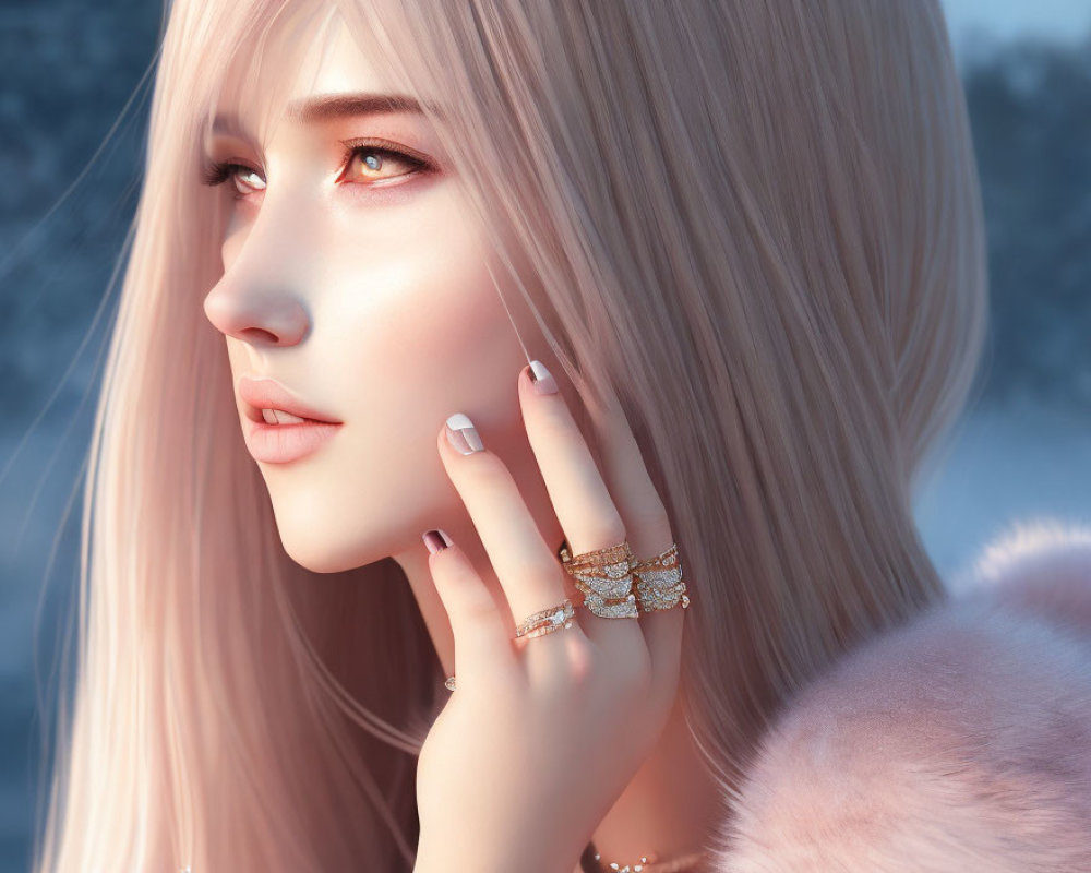 Digital Artwork: Woman with Pale Pink Hair and Blue Eyes in Pink Coat