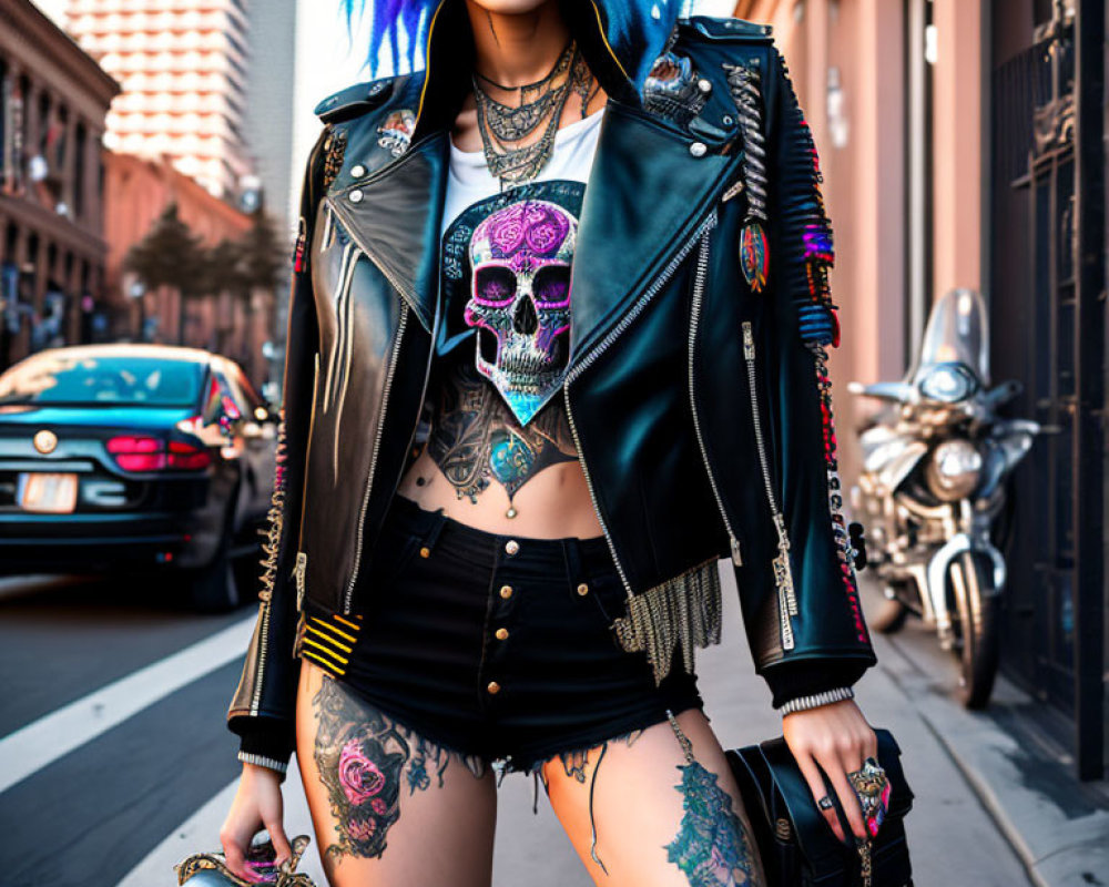 Blue-haired woman in punk rock style on urban street