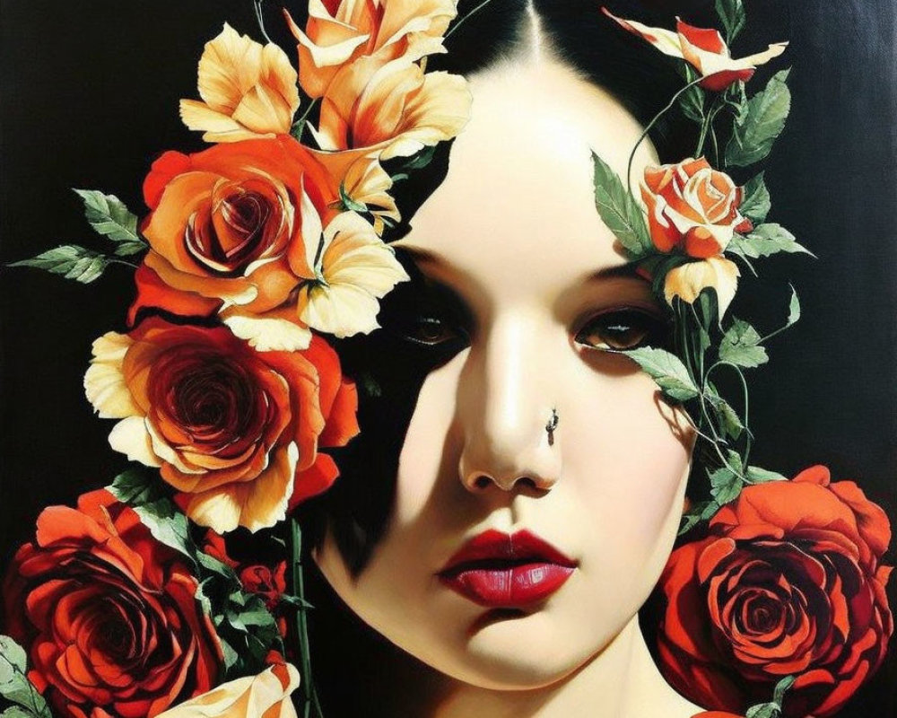 Woman with Red Lips and Nose Ring Surrounded by Roses on Dark Background