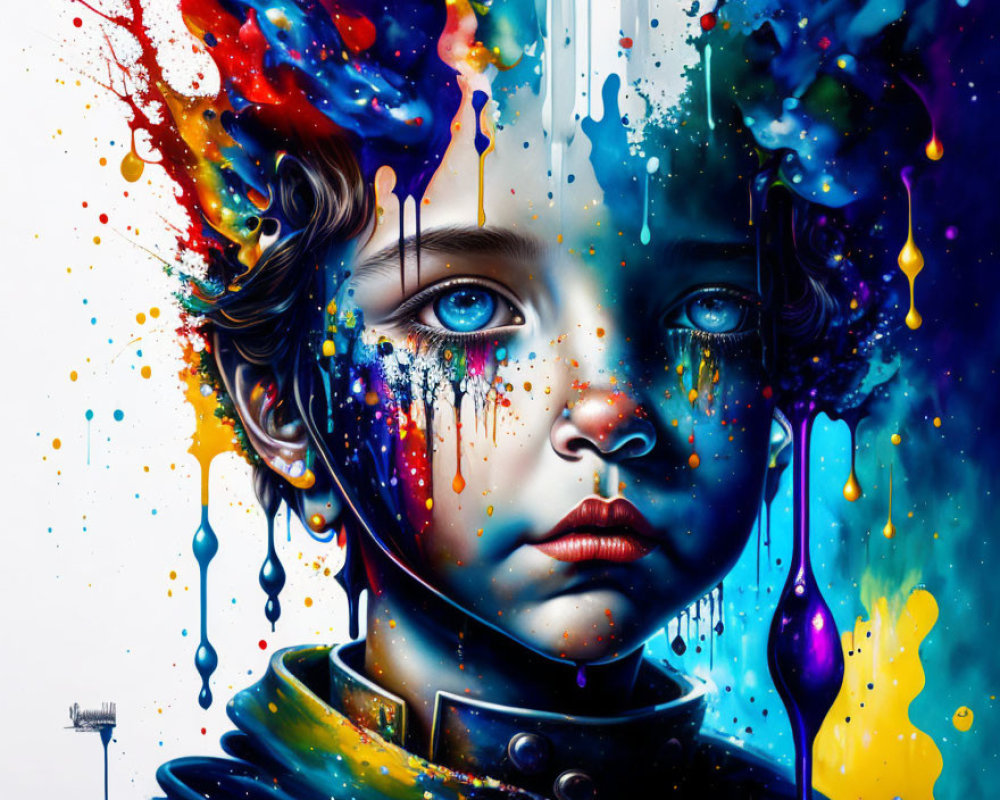 Colorful portrait of a child with blue eyes and dynamic paint splashes