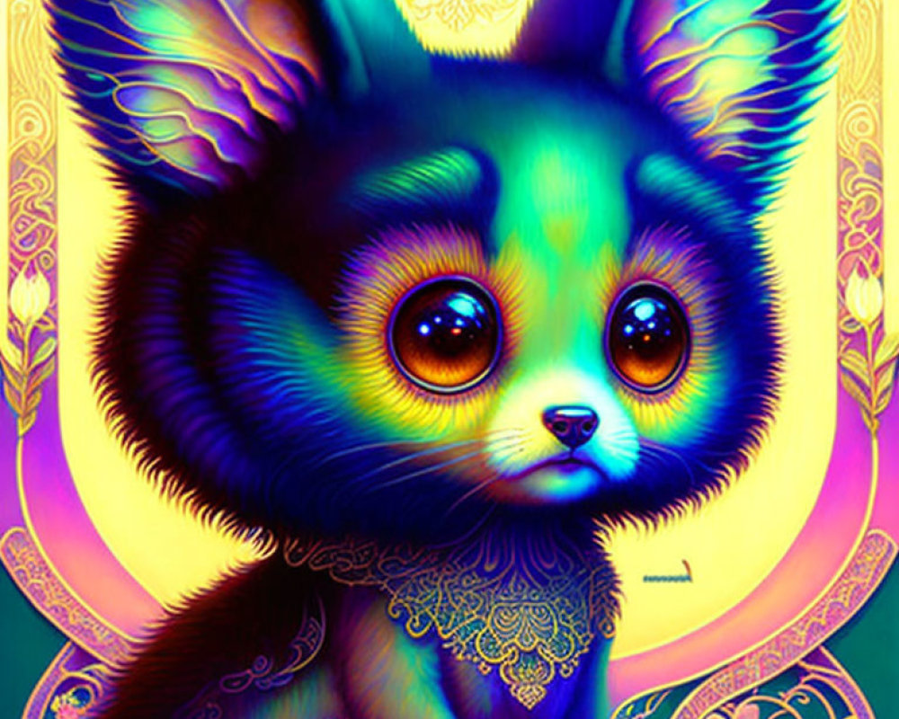 Colorful Illustration of Adorable Fantasy Creature with Feline Features