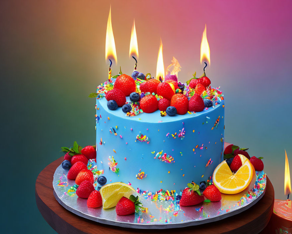 Colorful Birthday Cake with Fresh Fruit Decorations and Candles