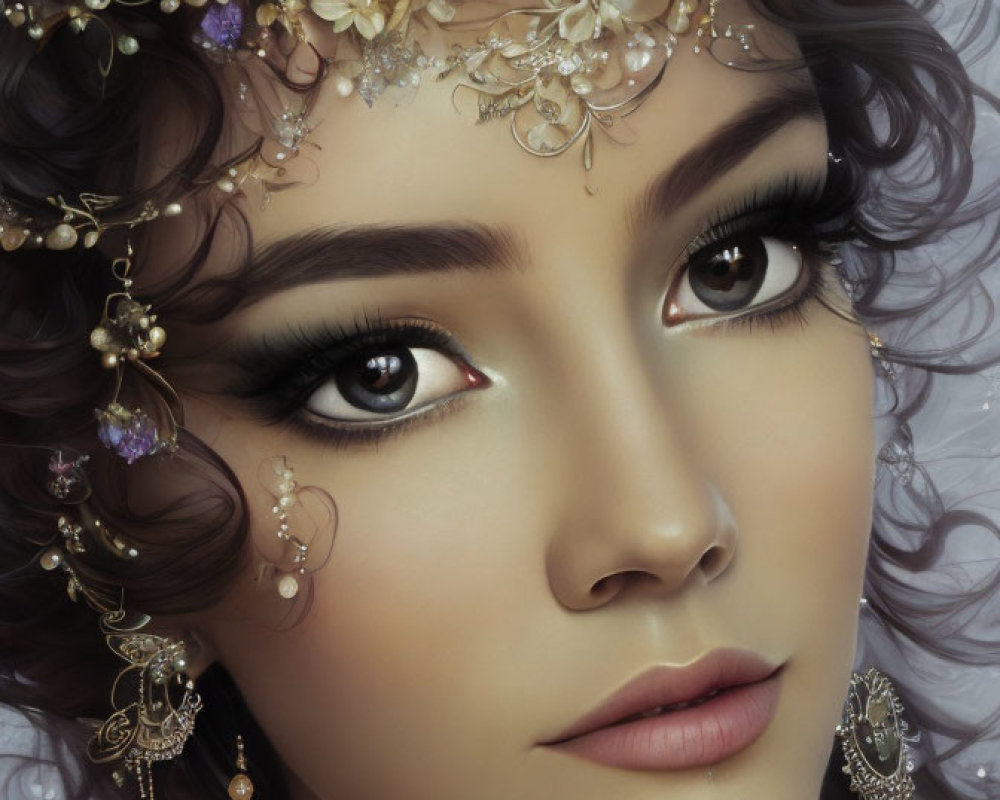 Detailed Digital Portrait of Woman with Ornate Gold Jewelry and Floral Headpieces