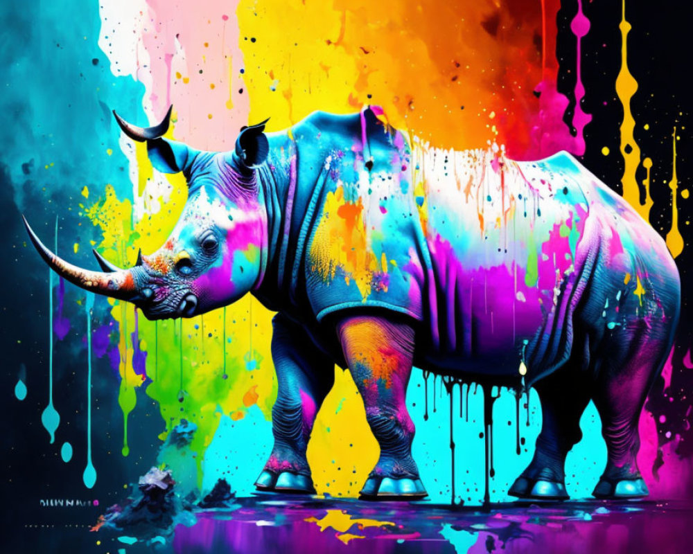 Colorful Rhinoceros Artwork on Black Background