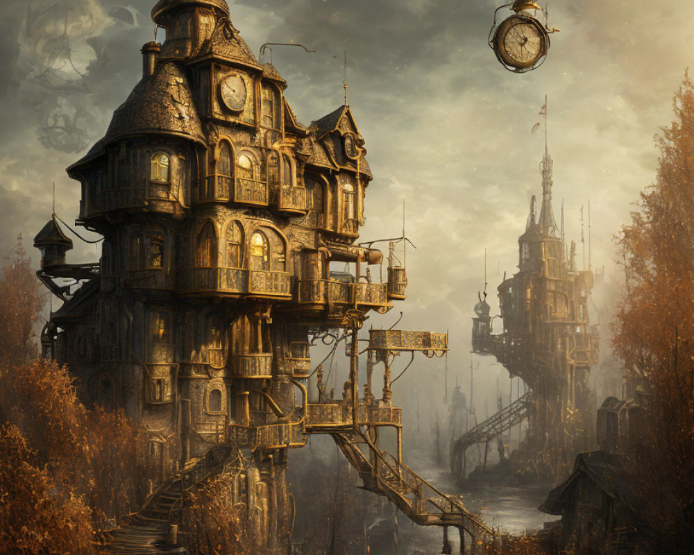 Steampunk-style house with floating clock in foggy setting