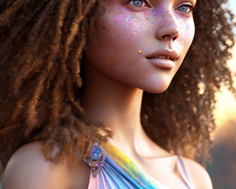 Portrait of Woman with Freckled Skin, Blue Eyes, Curly Hair, Colorful Dress in