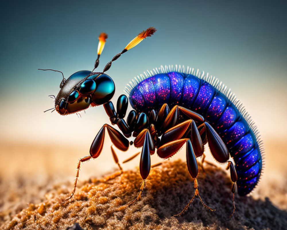 Colorful Ant Illustration with Glossy Blue Body and Orange-Tipped Antennae on Desert Background