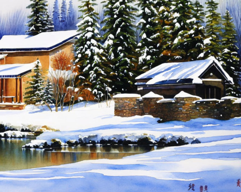 Snow-covered houses near frozen river in watercolor art