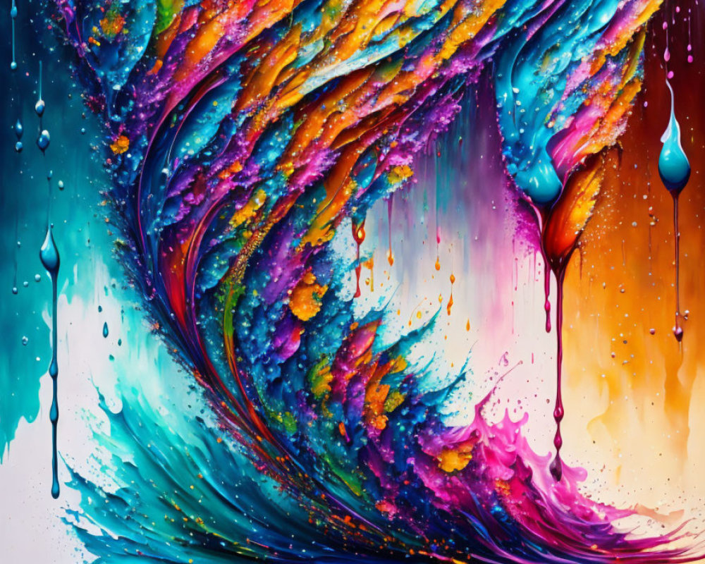 Colorful Abstract Swirl with Dripping Paint in Blue, Purple, Orange, and Pink