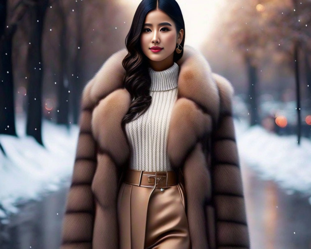 Stylish woman in fur coat on snowy path with trees and lights