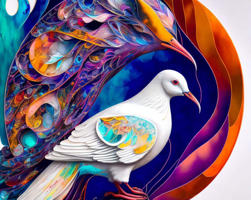 Realistic white dove meets colorful abstract background in digital art.