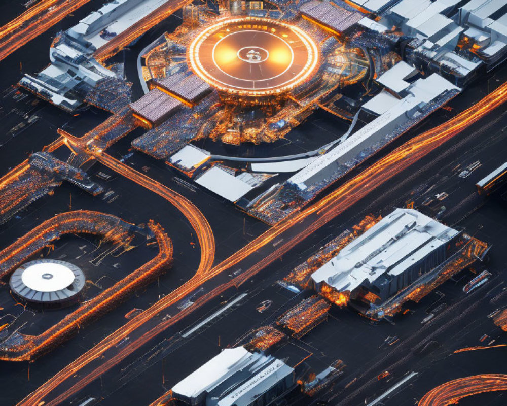 City at Dusk: Aerial View of Lit Circular Stadium and Traffic Trails